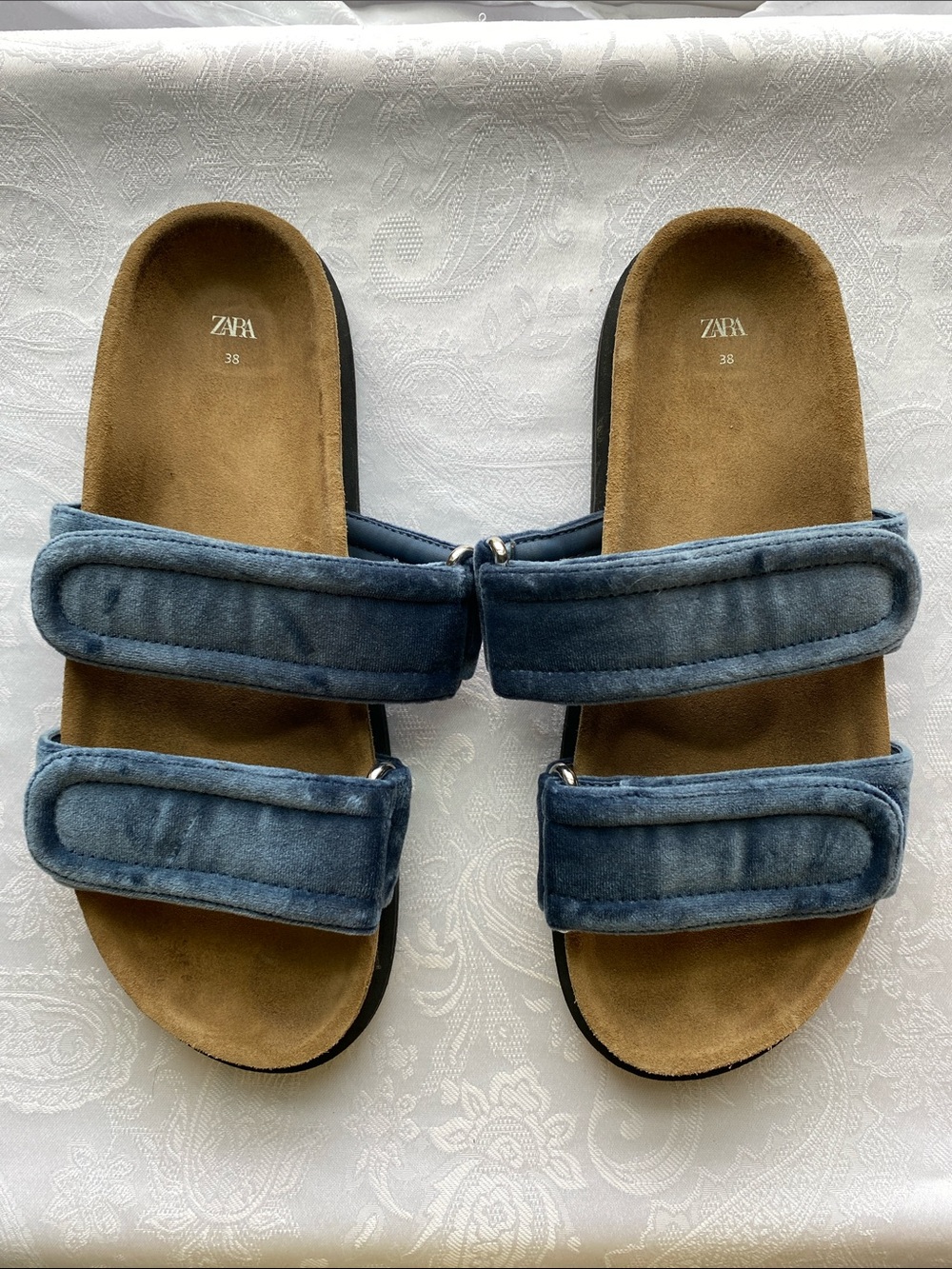 Zara Blue Velvet Double-Strap Slide Sandals, pre-owned